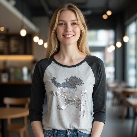 Express Womens Silver Sequin Lion Tee Size Small T-Shirt Baseball Sleeves Grey - Picture 11 of 11